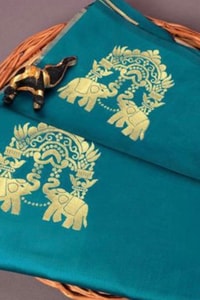 Elephant and Tree Motif Banarasi Soft Silk Saree with Gold Zari Buttas and Contrast Pallu  in Surat