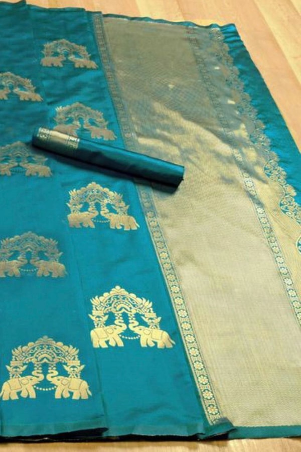 Elephant and Tree Motif Banarasi Soft Silk Saree with Gold Zari Buttas and Contrast Pallu  in Surat
