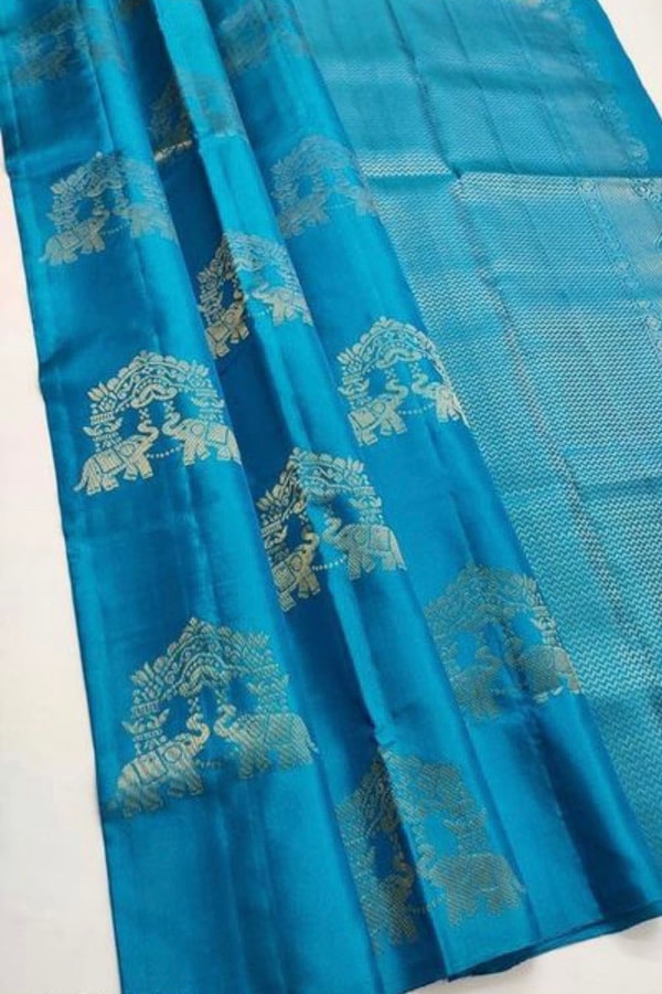 Elephant and Tree Motif Banarasi Soft Silk Saree with Gold Zari Buttas and Contrast Pallu  in Surat