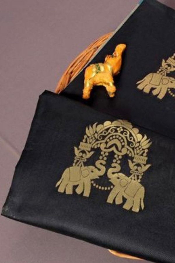 Elephant and Tree Motif Banarasi Soft Silk Saree with Gold Zari Buttas and Contrast Pallu  in Surat