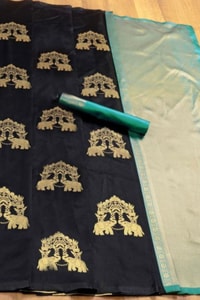Elephant and Tree Motif Banarasi Soft Silk Saree with Gold Zari Buttas and Contrast Pallu  in Surat