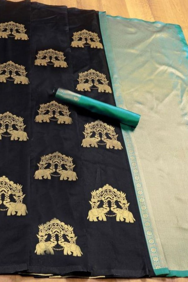 Elephant and Tree Motif Banarasi Soft Silk Saree with Gold Zari Buttas and Contrast Pallu  in Surat