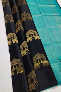 Elephant and Tree Motif Banarasi Soft Silk Saree with Gold Zari Buttas and Contrast Pallu  in Surat