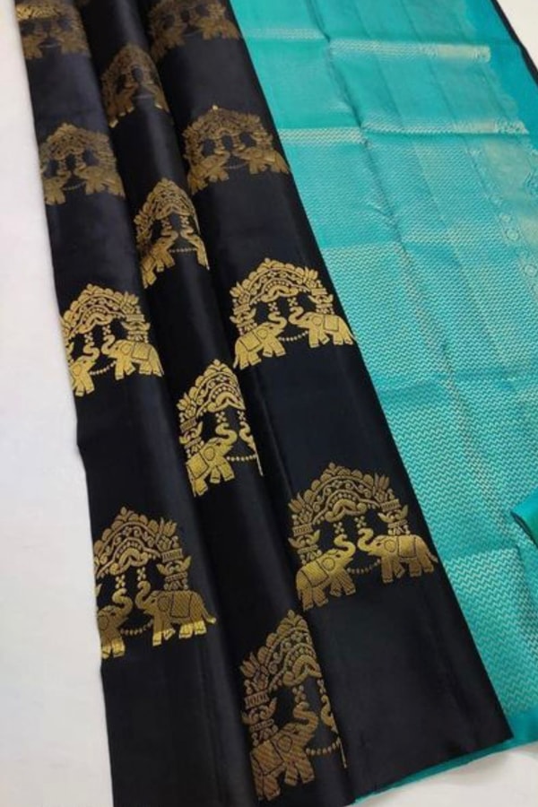 Elephant and Tree Motif Banarasi Soft Silk Saree with Gold Zari Buttas and Contrast Pallu  in Surat