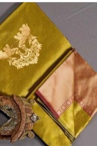 Elephant and Tree Motif Banarasi Soft Silk Saree with Gold Zari Buttas and Contrast Pallu  in Surat