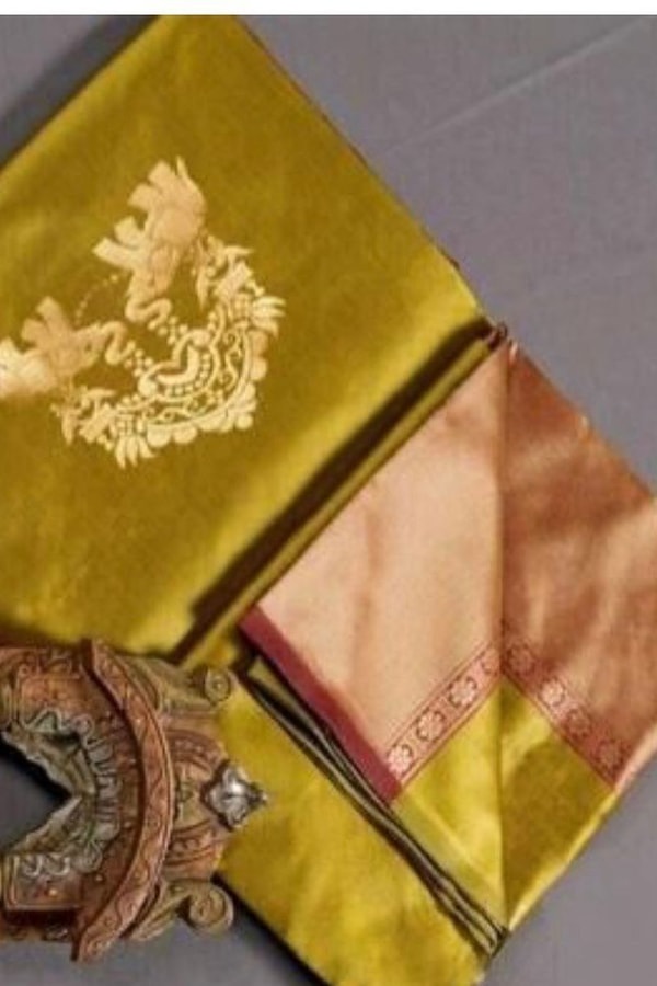 Elephant and Tree Motif Banarasi Soft Silk Saree with Gold Zari Buttas and Contrast Pallu  in Surat