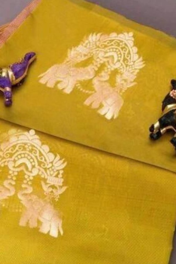 Elephant and Tree Motif Banarasi Soft Silk Saree with Gold Zari Buttas and Contrast Pallu  in Surat