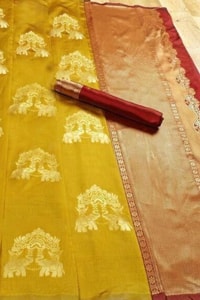 Elephant and Tree Motif Banarasi Soft Silk Saree with Gold Zari Buttas and Contrast Pallu  in Surat