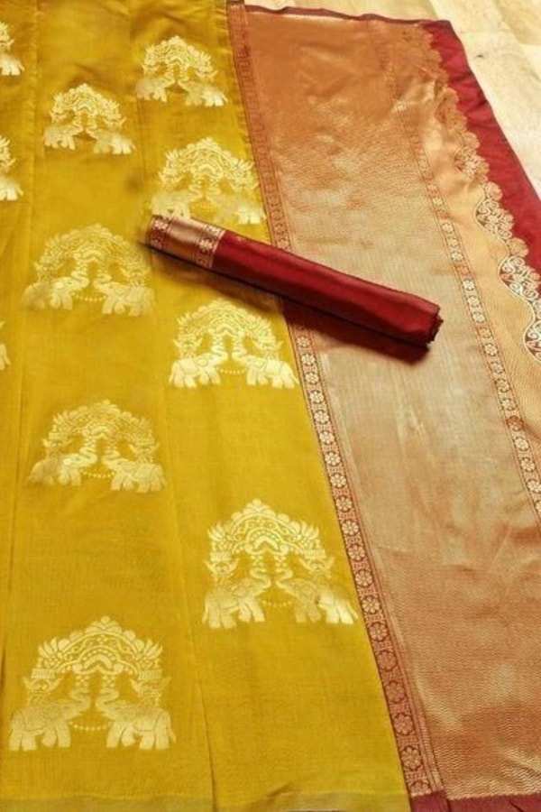 Elephant and Tree Motif Banarasi Soft Silk Saree with Gold Zari Buttas and Contrast Pallu  in Surat