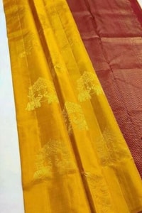 Elephant and Tree Motif Banarasi Soft Silk Saree with Gold Zari Buttas and Contrast Pallu  in Surat