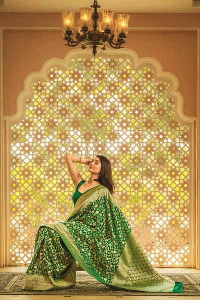 Emerald Green Banarasi Soft Silk Saree with Dense Gold Zari Brocade Weave in Surat