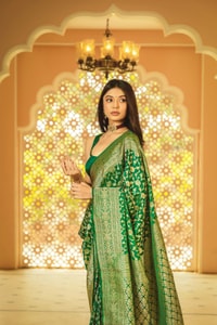 Emerald Green Banarasi Soft Silk Saree with Dense Gold Zari Brocade Weave  in Surat