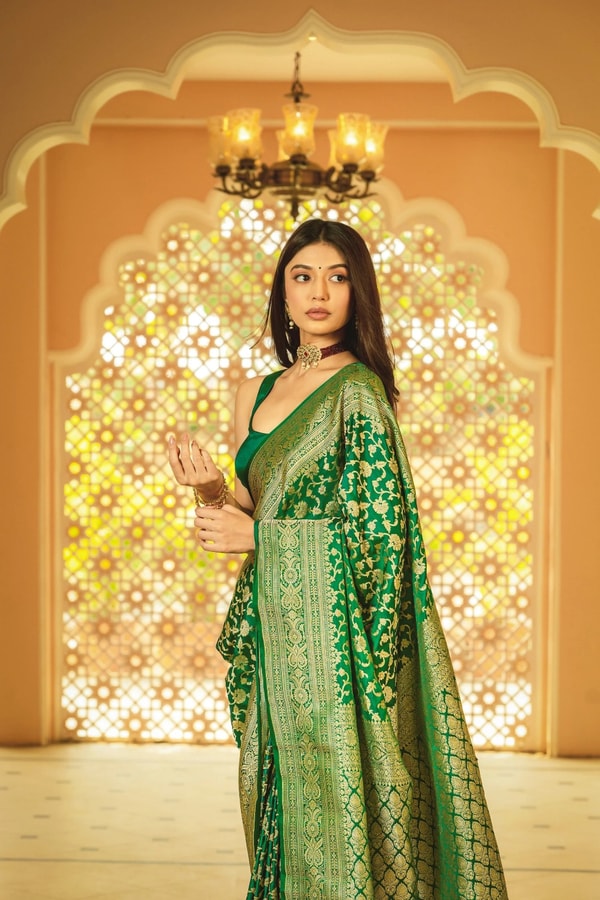 Emerald Green Banarasi Soft Silk Saree with Dense Gold Zari Brocade Weave  in Surat