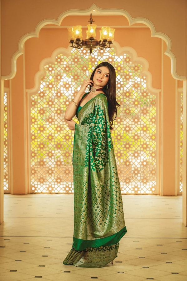 Emerald Green Banarasi Soft Silk Saree with Dense Gold Zari Brocade Weave  in Surat