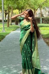 Emerald Green Banarasi Soft Silk Saree with Tiny Gold Zari Buttis and Shimmering Gold Pallu  in Surat