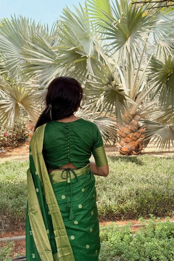 Emerald Green Banarasi Soft Silk Saree with Tiny Gold Zari Buttis and Shimmering Gold Pallu  in Surat