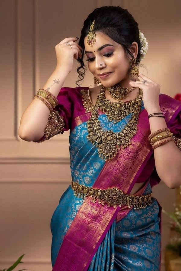 Firozi Blue Banarasi Soft Silk Saree with Rani Pink Zari Border and Contrast Pallu  in Surat