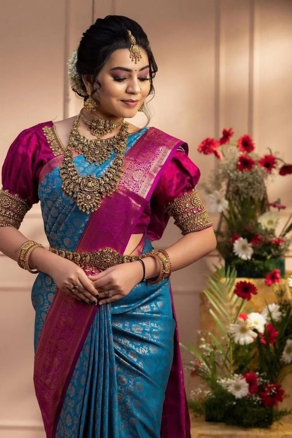 Firozi Blue Banarasi Soft Silk Saree with Rani Pink Zari Border and Contrast Pallu  in Surat