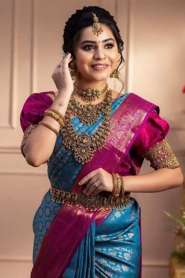 Firozi Blue Banarasi Soft Silk Saree with Rani Pink Zari Border and Contrast Pallu  in Surat