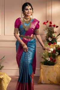 Firozi Blue Banarasi Soft Silk Saree with Rani Pink Zari Border and Contrast Pallu  in Surat