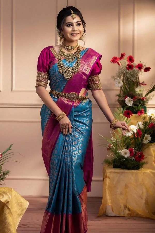 Firozi Blue Banarasi Soft Silk Saree with Rani Pink Zari Border and Contrast Pallu  in Surat