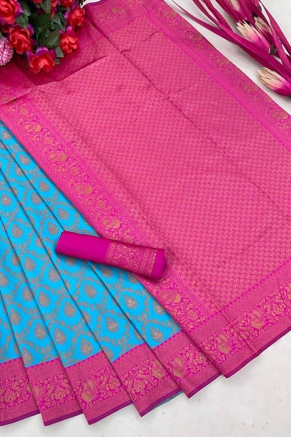 Firozi Blue Banarasi Soft Silk Saree with Rani Pink Zari Border and Contrast Pallu  in Surat