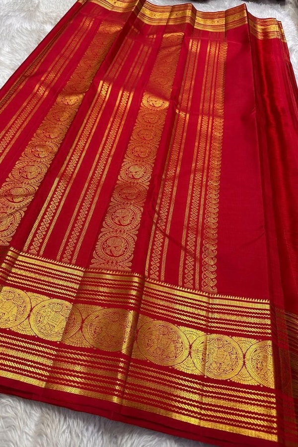 Five-Colour Banarasi Soft Silk Saree with Tiny Zari Buttis and Gold Striped Temple Border  in Surat