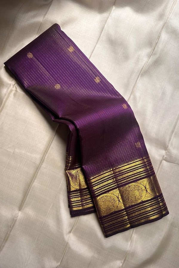 Five-Colour Banarasi Soft Silk Saree with Tiny Zari Buttis and Gold Striped Temple Border  in Surat