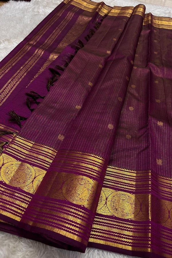 Five-Colour Banarasi Soft Silk Saree with Tiny Zari Buttis and Gold Striped Temple Border  in Surat