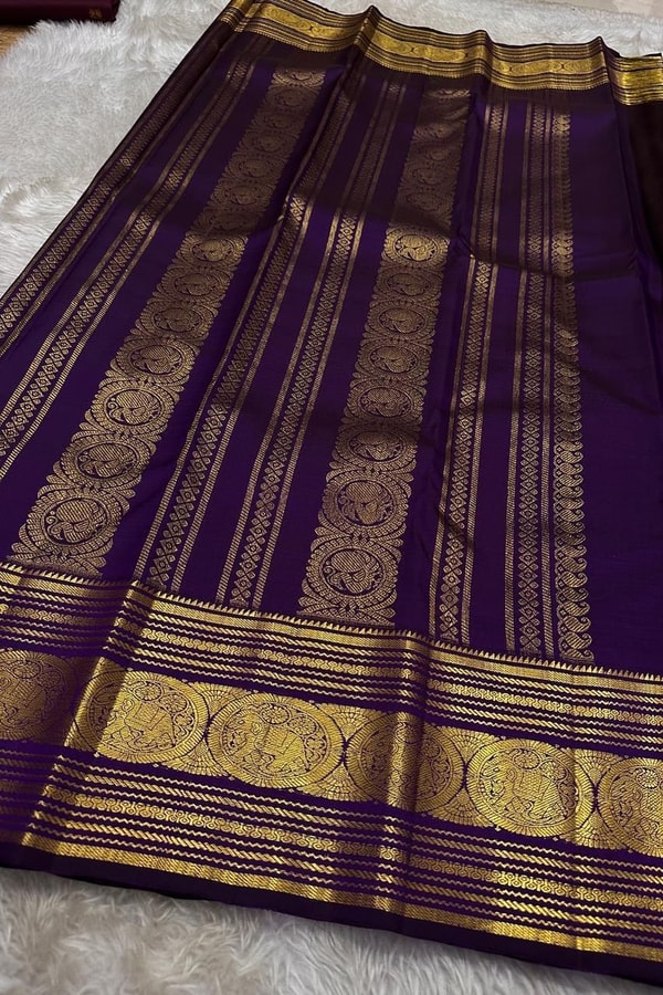 Five-Colour Banarasi Soft Silk Saree with Tiny Zari Buttis and Gold Striped Temple Border  in Surat