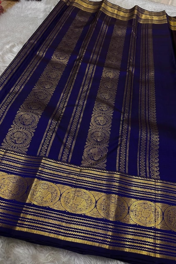 Five-Colour Banarasi Soft Silk Saree with Tiny Zari Buttis and Gold Striped Temple Border  in Surat
