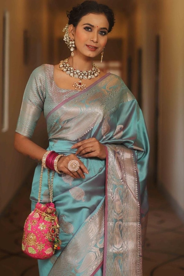 Five-Shade Banarasi Soft Silk Saree with Silver Zari Paisley Buttas and Woven Zari Pallu  in Surat