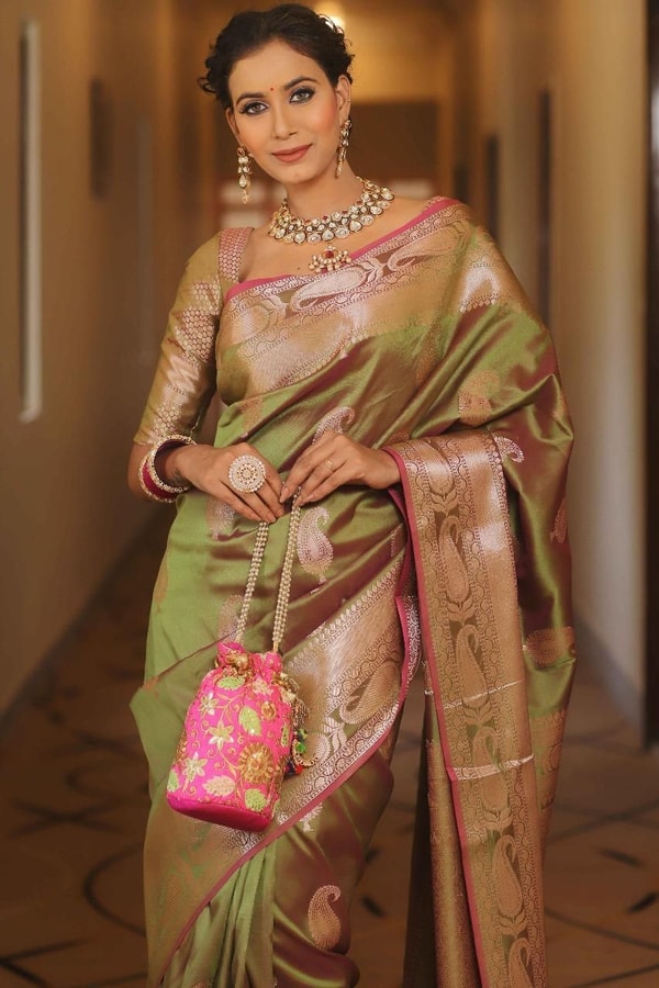 Five-Shade Banarasi Soft Silk Saree with Silver Zari Paisley Buttas and Woven Zari Pallu  in Surat