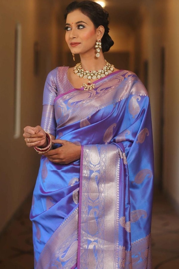 Five-Shade Banarasi Soft Silk Saree with Silver Zari Paisley Buttas and Woven Zari Pallu  in Surat