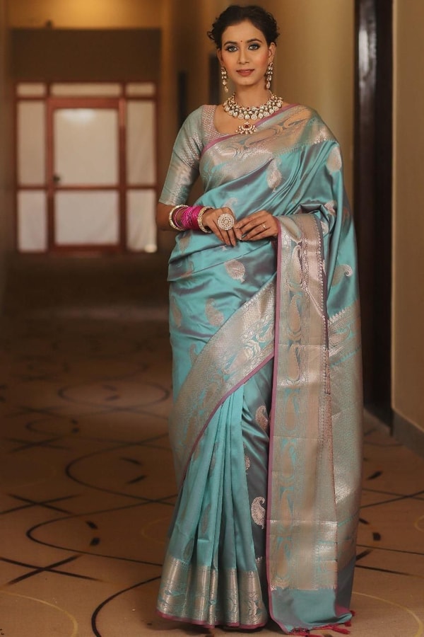 Five-Shade Banarasi Soft Silk Saree with Silver Zari Paisley Buttas and Woven Zari Pallu  in Surat