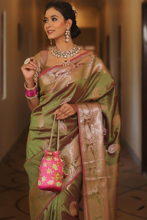 Five-Shade Banarasi Soft Silk Saree with Silver Zari Paisley Buttas and Woven Zari Pallu  in Surat