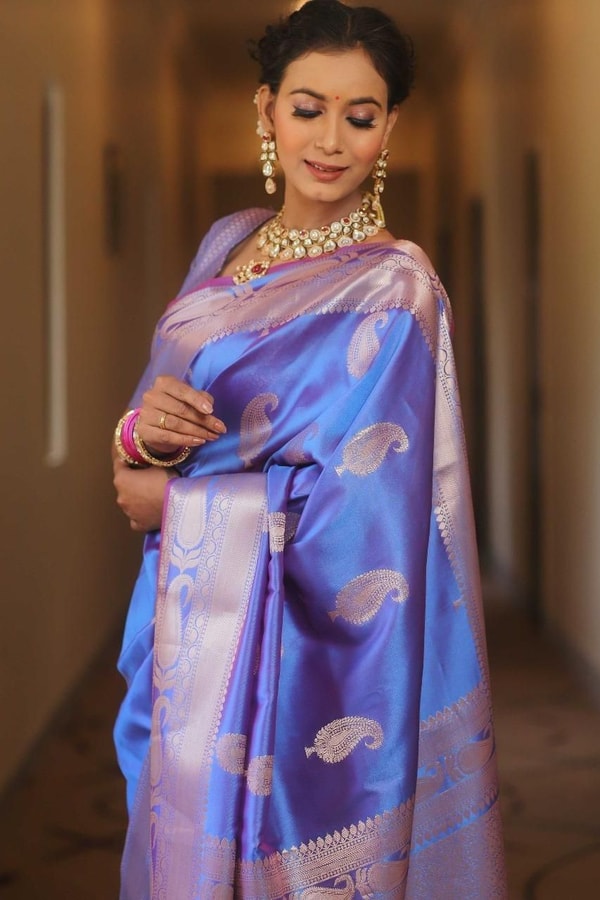 Five-Shade Banarasi Soft Silk Saree with Silver Zari Paisley Buttas and Woven Zari Pallu  in Surat