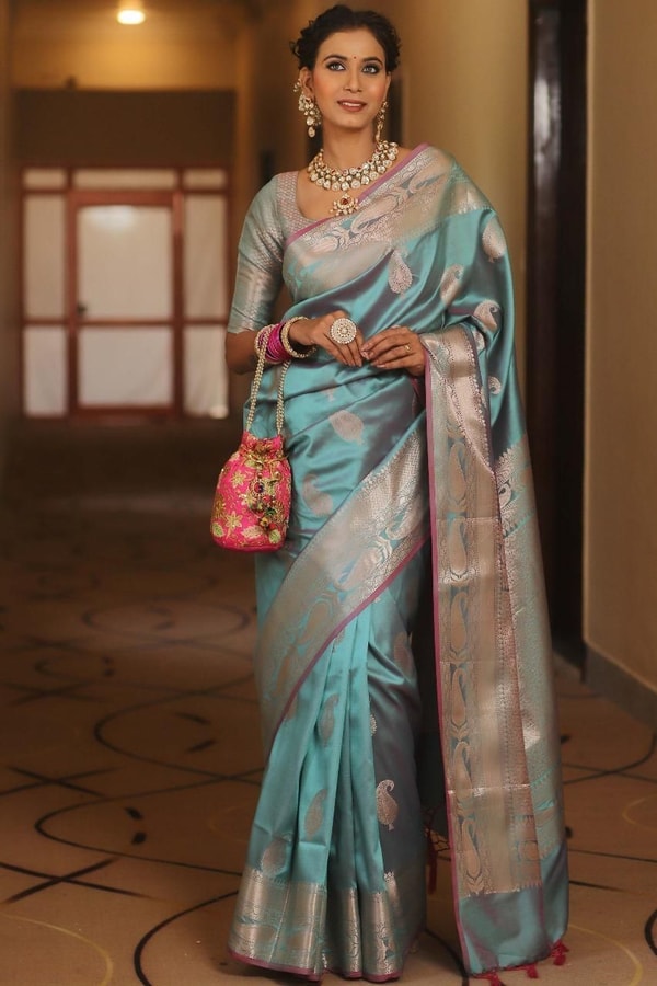Five-Shade Banarasi Soft Silk Saree with Silver Zari Paisley Buttas and Woven Zari Pallu  in Surat