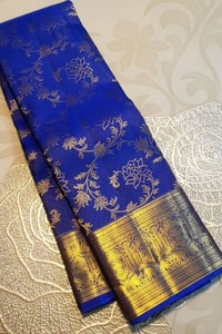 Floral Creeper Jaal Banarasi Soft Silk Saree with Gold Zari Border in Royal Blue and Maroon  in Surat