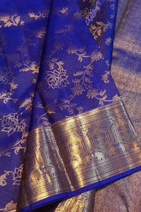 Floral Creeper Jaal Banarasi Soft Silk Saree with Gold Zari Border in Royal Blue and Maroon  in Surat