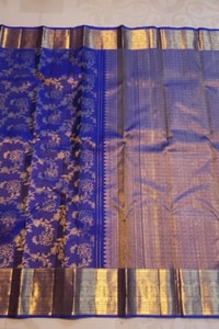 Floral Creeper Jaal Banarasi Soft Silk Saree with Gold Zari Border in Royal Blue and Maroon  in Surat