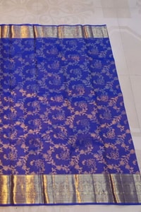 Floral Creeper Jaal Banarasi Soft Silk Saree with Gold Zari Border in Royal Blue and Maroon  in Surat