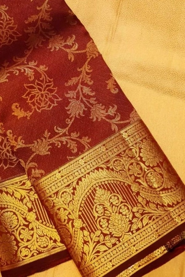Floral Creeper Jaal Banarasi Soft Silk Saree with Gold Zari Border in Royal Blue and Maroon  in Surat