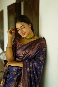 Floral Weave Banarasi Soft Silk Saree with Gold and Copper Zari in Blue, Cream and Green  in Surat