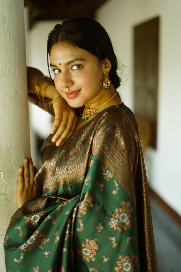 Floral Weave Banarasi Soft Silk Saree with Gold and Copper Zari in Blue, Cream and Green  in Surat