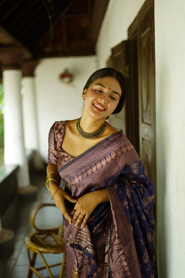 Floral Weave Banarasi Soft Silk Saree with Gold and Copper Zari in Blue, Cream and Green  in Surat