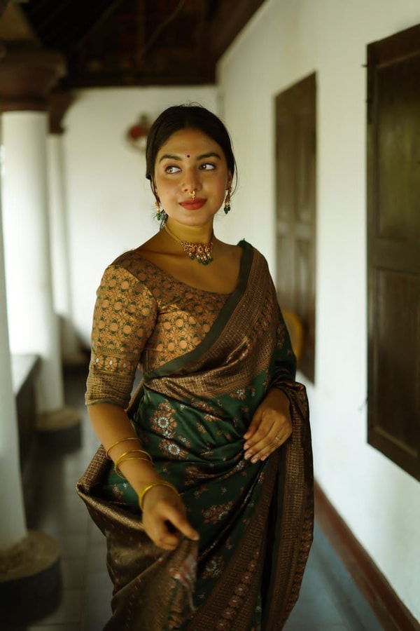 Floral Weave Banarasi Soft Silk Saree with Gold and Copper Zari in Blue, Cream and Green  in Surat