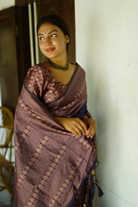 Floral Weave Banarasi Soft Silk Saree with Gold and Copper Zari in Blue, Cream and Green  in Surat