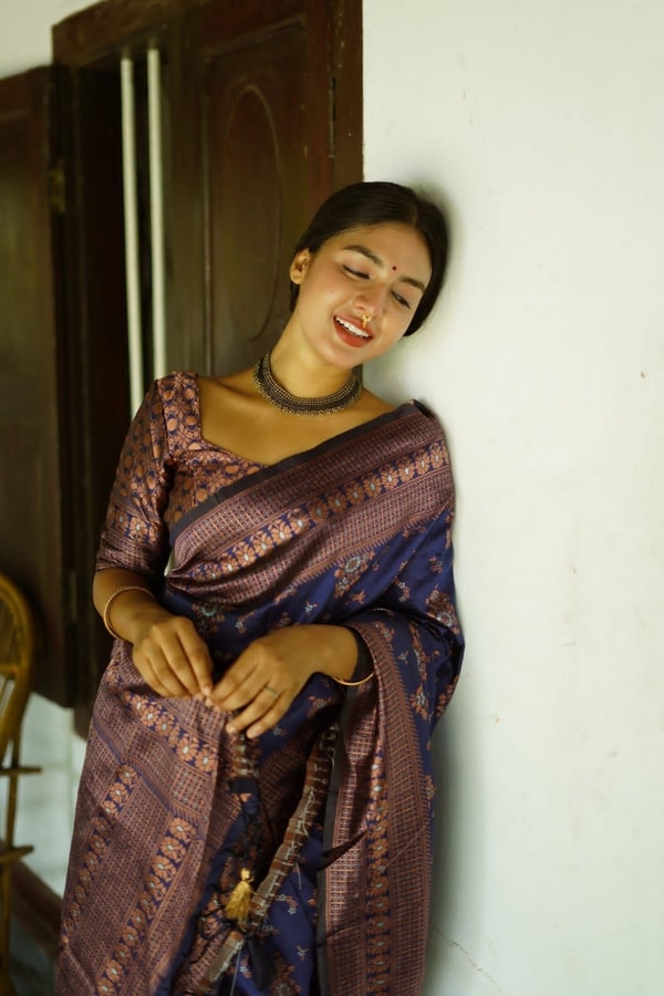 Floral Weave Banarasi Soft Silk Saree with Gold and Copper Zari in Blue, Cream and Green  in Surat
