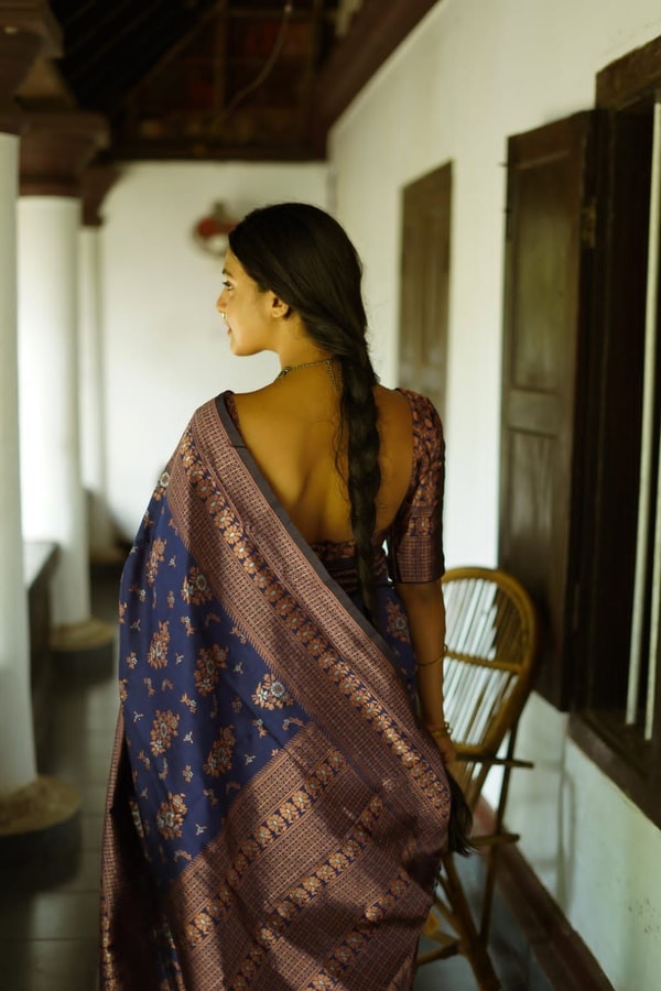 Floral Weave Banarasi Soft Silk Saree with Gold and Copper Zari in Blue, Cream and Green  in Surat